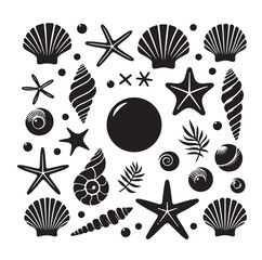 Set of different black sea shells and starfish vector illustration