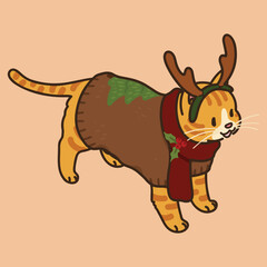 Simple and adorable Christmas illustration of Orange Tabby Cat with antlers and a brown sweater on outlined