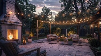 Obraz premium Back patio area of a suburban farmhouse with outdoor seating, a fireplace, and string lights for evening ambiance