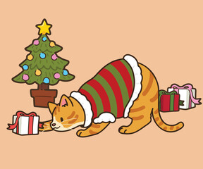 Simple and adorable Christmas illustration of Orange Tabby Cat playing with gifts outlined