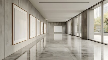 Fototapeta premium A contemporary gallery space, lined with six large white frames on a matte gray wall, each frame holding a pristine, blank canvas.