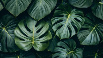 Vibrant Green Monstera Leaves Pattern in Lush Forest Detail