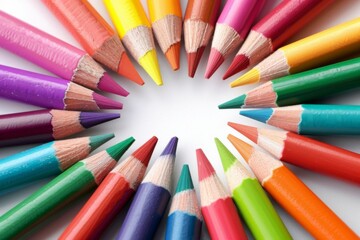 Fototapeta premium Colorful Arrangement of Sharpened Colored Pencils in Circle Formation