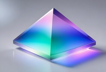 A large, transparent blue purple pink and green pyramid-shaped object with a blue and brown gradient effect, floating against a light gray background