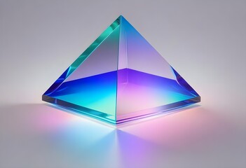 A large, transparent blue purple pink and green pyramid-shaped object with a blue and brown gradient effect, floating against a light gray background