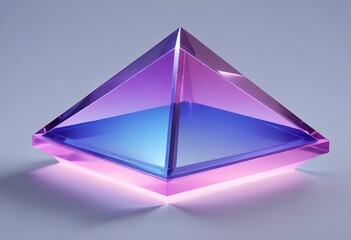 A large, transparent blue purple pink and green pyramid-shaped object with a blue and brown gradient effect, floating against a light gray background
