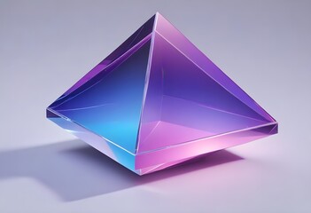 A large, transparent blue purple pink and green pyramid-shaped object with a blue and brown gradient effect, floating against a light gray background