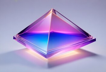 A large, transparent blue purple pink and green pyramid-shaped object with a blue and brown gradient effect, floating against a light gray background