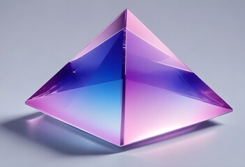 A large, transparent blue purple pink and green pyramid-shaped object with a blue and brown gradient effect, floating against a light gray background