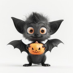 Enchanting Halloween Spirit: Cheerful Bat Holding Pumpkin in 3D Render Style on White Background, Generative Ai