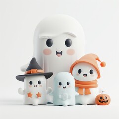 Obraz premium Ghostly Family Fun - Adorable Halloween Hats on Cute Ghosts in 3D Render, Isolated on White Background, Generative Ai