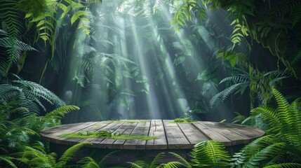 A wooden podium set in a dense fern-filled forest, with light beams piercing through the canopy and creating a mystical atmosphere.