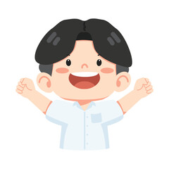 happy kid boy student raising his arms in the air