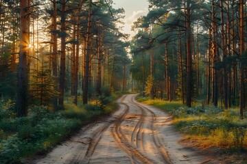 Naklejka premium Serene Forest Path at Sunset