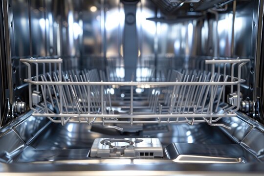 Shiny dishwasher interior with clean, empty dish racks and cutlery trays