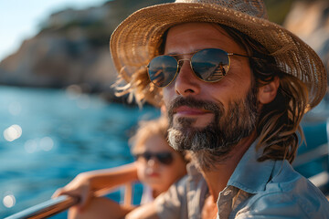 European family travel on a boat smiling in sunshine with sunglasses, vacation, travel