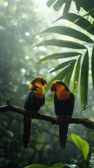 Obraz premium Two vibrant parrots perched on a branch in a rainforest.