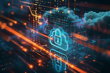 3D Rendering of Digital Clouds with Padlock Icon on Glowing Background, Cyber Security Concept for Online Data Protection and Network Security Technology