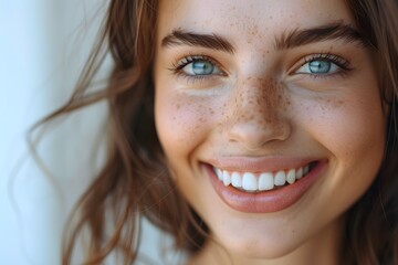 Radiant Smile of a Freckled Woman with Blue Eyes