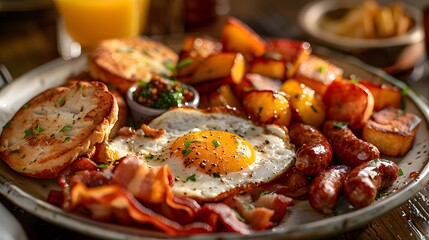 A plate of American breakfast with eggs, bacon and slices of sausage on it, with an egg sunny side up in the center, crispy potatoes around and golden brown.