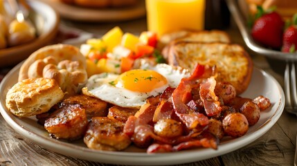 A plate of American breakfast with eggs, bacon and slices of sausage on it, with an egg sunny side up in the center, crispy potatoes around and golden brown.