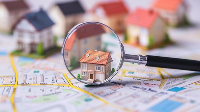 Real estate search concept with a person looking for a new house on a map, symbolizing market research and analysis.