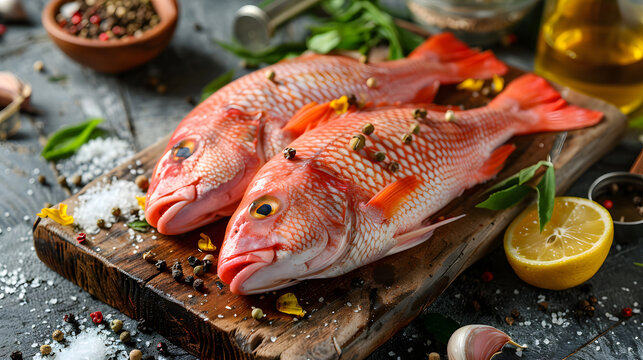 Raw red snapper heads ready for cooking with some spices on wooden cutting board