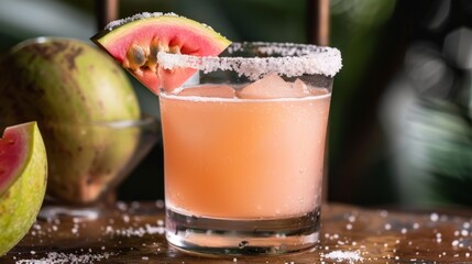 Refreshing Guava Margarita Cocktail with Salt Rim on Wooden Table