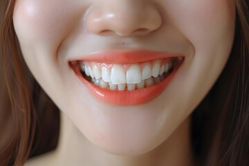 Fototapeta premium Close-Up of a Woman's Bright Smile with Coral Lipstick