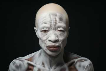  A bald African male with white body art on his skin, and a dark background, posing in front of the camera.