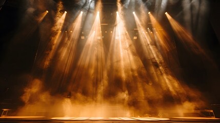 Fototapeta premium A stage with spotlights shining down on it, light beams and smoke. The stage was illuminated by spotlights with light beams and smoke visible.