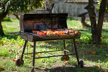 BBQ, barbecue in the garden, grilling, garden in the background, sunny summer day