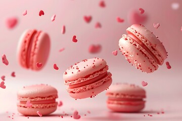 Obraz premium Floating Pink Macarons with Heart Sprinkles in a Dreamy Setting