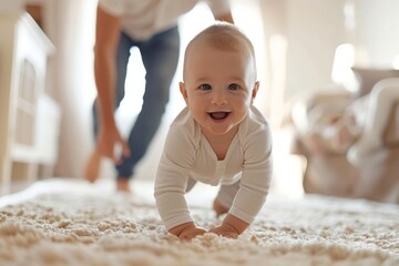 Baby learning first step to walk, father in the background