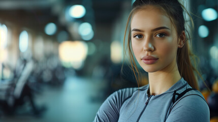 Fototapeta premium Portrait of a beautiful woman in sportswear looking in the camera with blurred gym on the background and empty copy space
