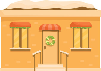 Cozy suburban house with snow on its roof and a christmas wreath on the door, perfect for greeting cards, illustrations, and more