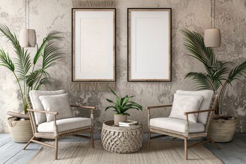 Scandi-boho style living room interior with frame mockup, 3d render