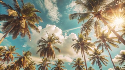 The image shows a view of the sky through a canopy of palm trees. 