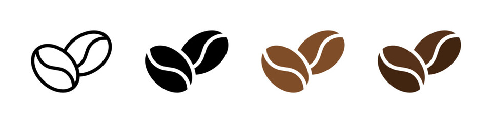 Two coffee beans icon set. Espresso vector illustration. Coffee shop logo. Roasted coffee symbol. Hot drink aroma sign.