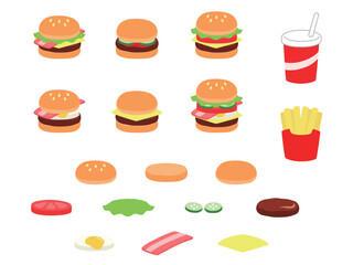 ハンバーガーのメニューと具材のイラストセット