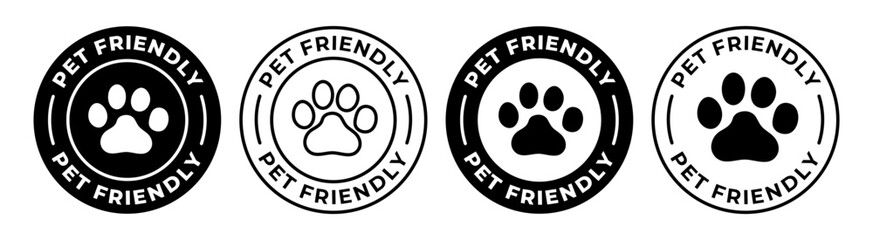 Pet friendly label. Animal friendly icon vector illustration. Dogs and cats allowed emblem, badge, sign, symbol, stamp or seal. Animal paw circle logotype. © Chelpanoff