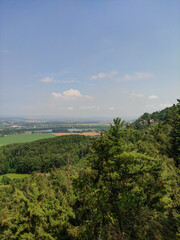 A panoramic view of a forested landscape with rolling hills and a blue sky with clouds