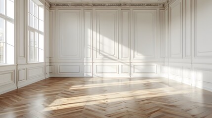 Obraz premium Empty room featuring pristine white walls with subtle shadow detailing, crisp white crown moulding, and smooth white panelled walls, a polished light oak wood floor.