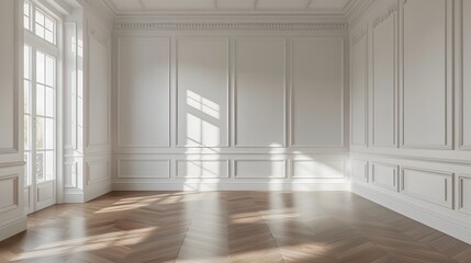 Obraz premium Empty room featuring pristine white walls with subtle shadow detailing, crisp white crown moulding, and smooth white panelled walls, a polished light oak wood floor.
