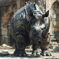 Fototapeta premium Majestic Rhinoceros in a Ruined Urban Landscape