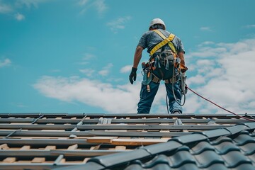 Roofer Working on a Residential Roof Under a Clear Blue Sky