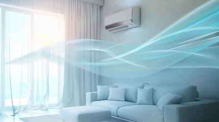 Fototapeta premium Blue waves of fresh clean air in the apartment, Air conditioner, Fresh scent and air filtration effect