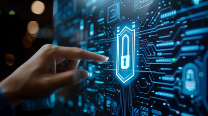 Fototapeta premium Cyber security and data protection on internet, Person touching virtual shield, secure access, encrypted connection, Password protected system and storage, Cybersecurity technology