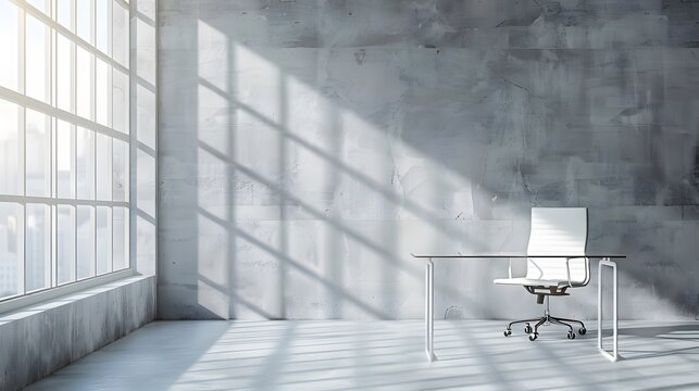 A sleek office space with a glass desk and ergonomic chair, set against a backdrop of large windows and light grey walls.