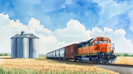 Obraz premium Stunning watercolor artwork of agricultural transportation infrastructure, showcasing grain silos and freight trains against a rural landscape, symbolizing food supply efficiency